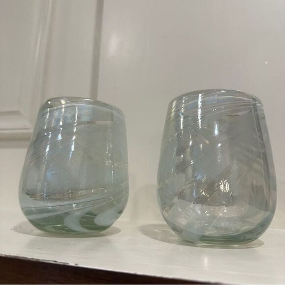 (2) Hand blown glass tumblers  Tumbler Set - Clear with white glitter flecks